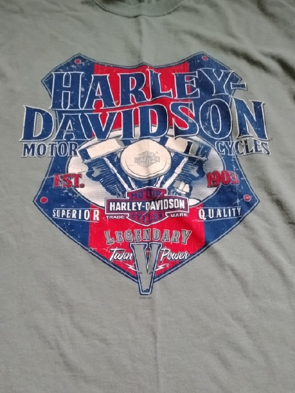 Harley-Davidson Olive Short Sleeve Tee with Red & Blue Emblem